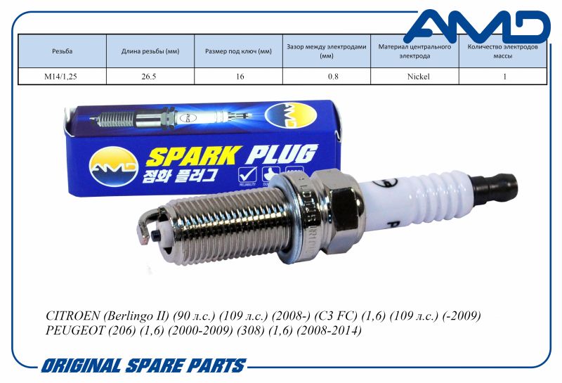 Свеча зажигания 5960.F3 LFR6B AMDPL126 Nickel CITROEN Berlingo II 90 л.с. 109 л.с. 08- C3