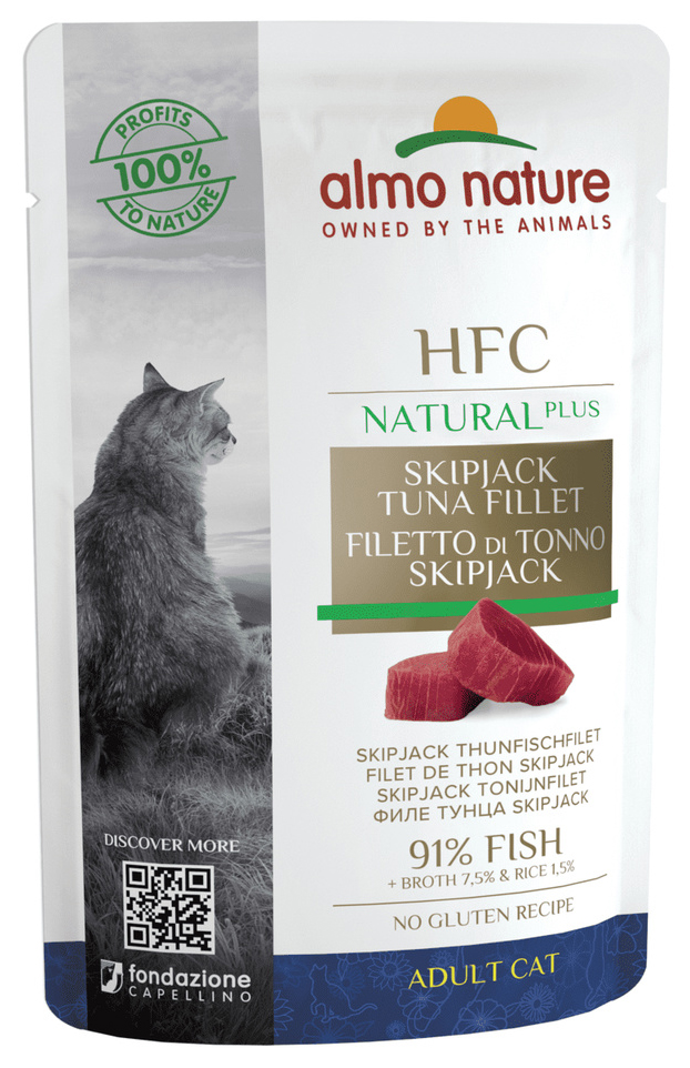 

Влажный корм для кошек Almo Nature HFC Natural Plus, филе полосатого тунца, 24x55 г