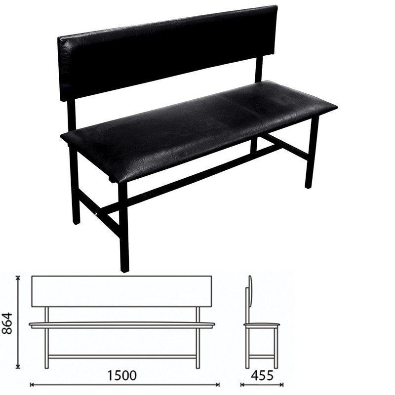 Банкетка со спинкой Берта 1500х455х864 мм усиленная черный каркас кожзам черный 25689₽