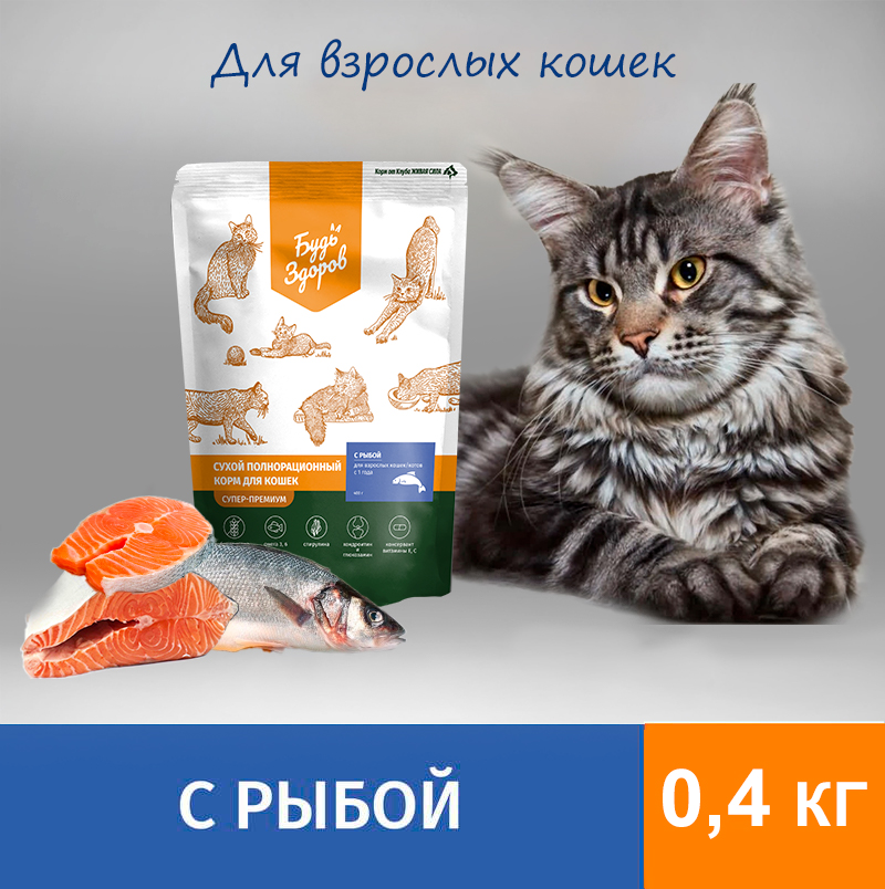 Сухой корм для кошек Будь Здоров для взрослых с рыбой 04 кг 474₽