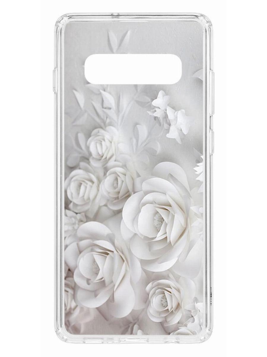 

Чехол на Samsung Galaxy S10+ Kruche Print White roses, Прозрачный;белый;серый