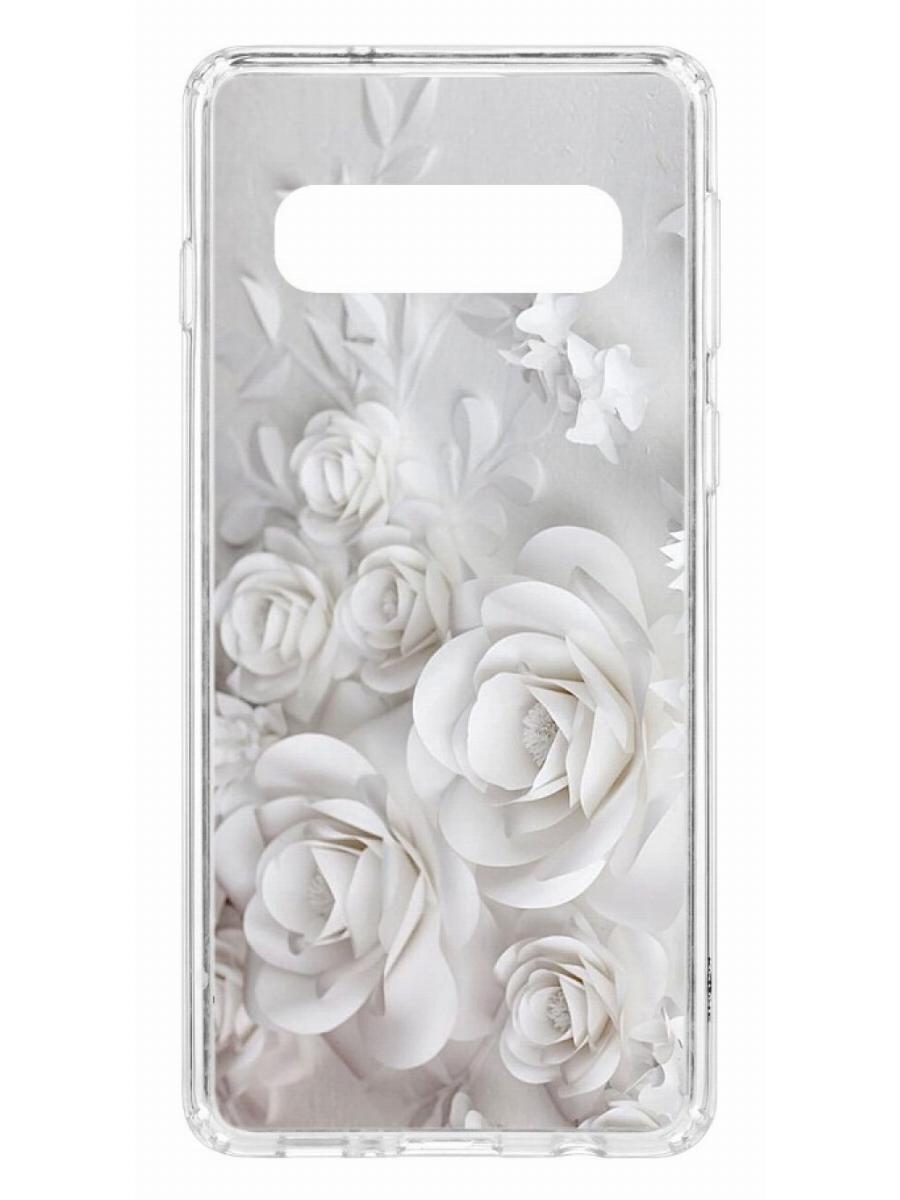 

Чехол на Samsung Galaxy S10 Kruche Print White roses, Прозрачный;белый;серый