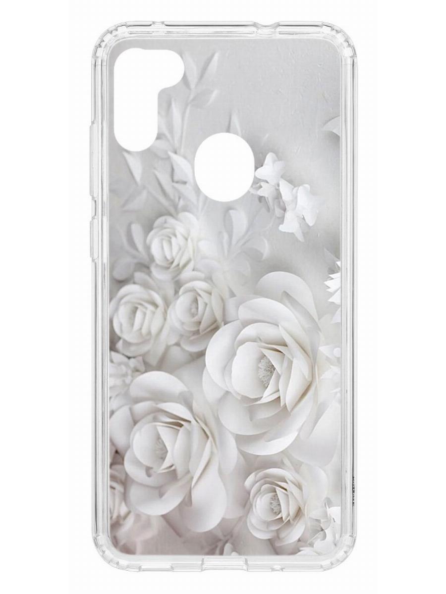 

Чехол на Samsung Galaxy M11 Kruche Print White roses, Прозрачный;белый;серый