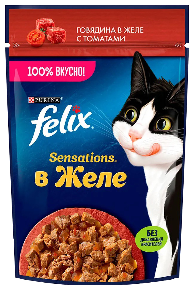 

Влажный корм для кошек Felix Sensations, говядина с томатами в желе, 26x75 г