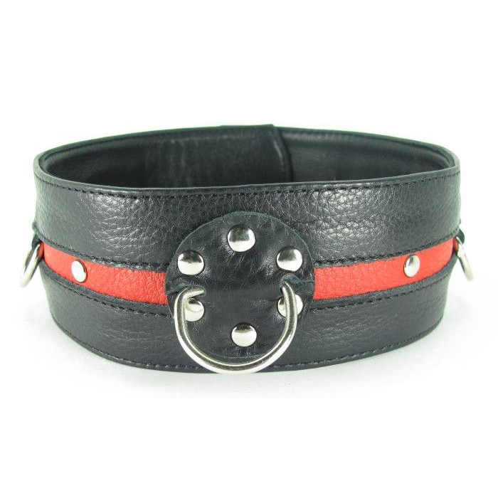 Ошейник BDSM Арсенал кожаный увеличенного размера с кольцом черно-красный