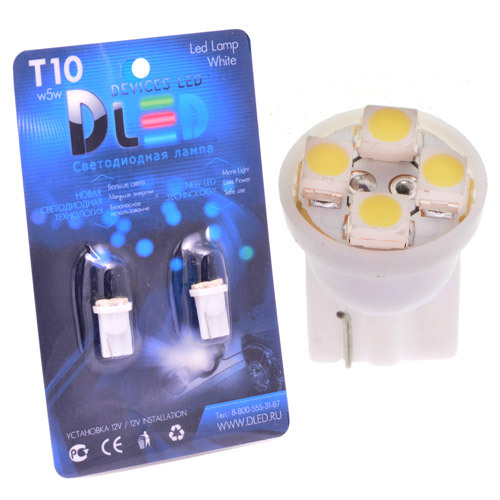 

Светодиодная автомобильная лампа T10 - W5W - 4 SMD 3528 (Комплект 2 лампы.), T10 - W5W - 4 SMD 3528