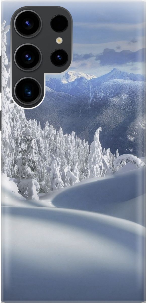 

Чехол на Samsung Galaxy S23 Ultra "Заснеженный лес и горы", Белый;голубой, 158333