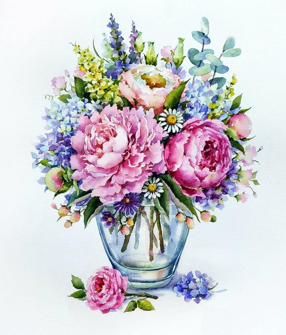 фото Алмазная мозаика стразами ripoma букет цветов в прозрачной вазе 00115233 40х50 см