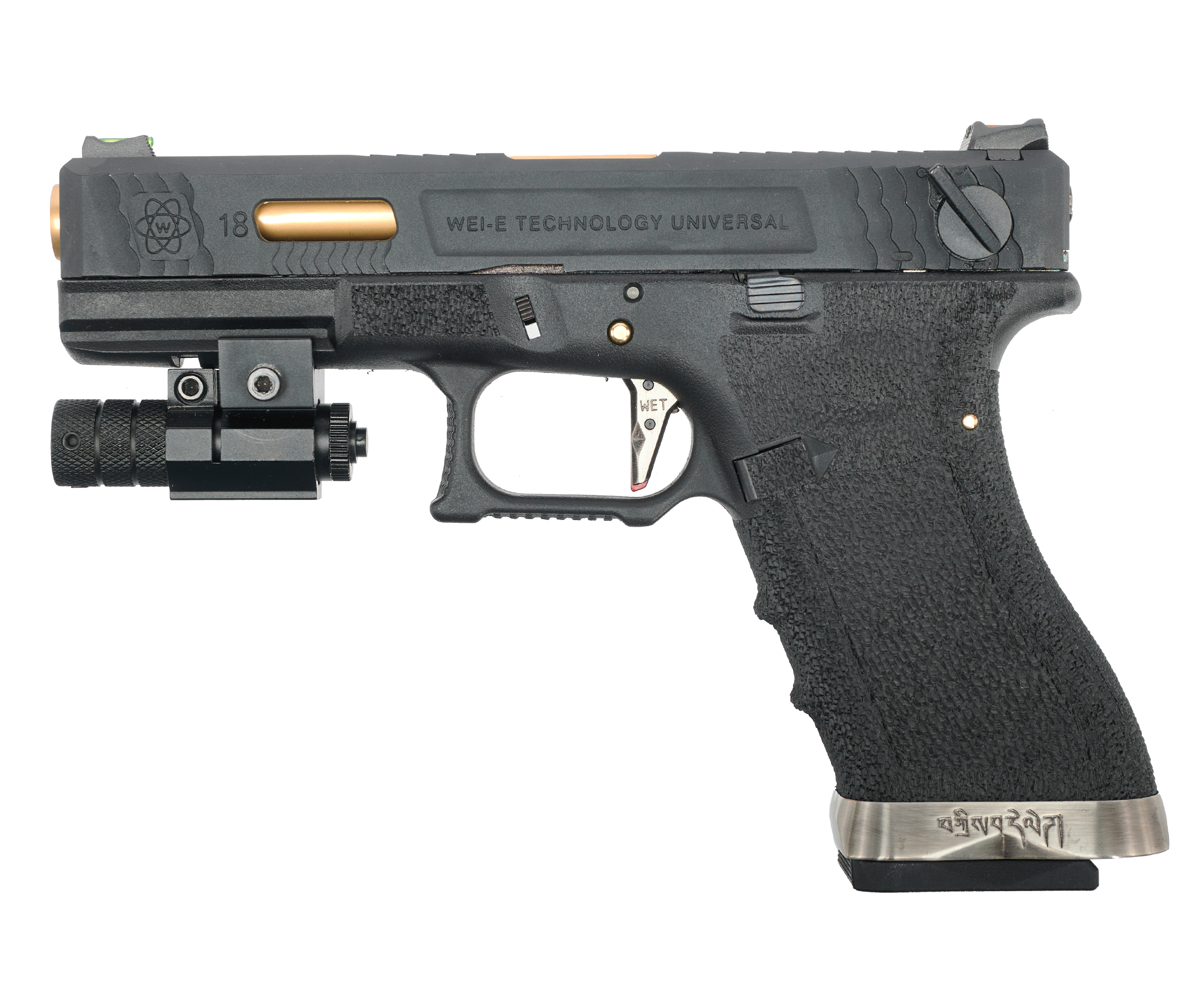 Страйкбольный пистолет WE Glock 18 G-Force 6 мм, GBB, Black, золотой ствол, WET-1