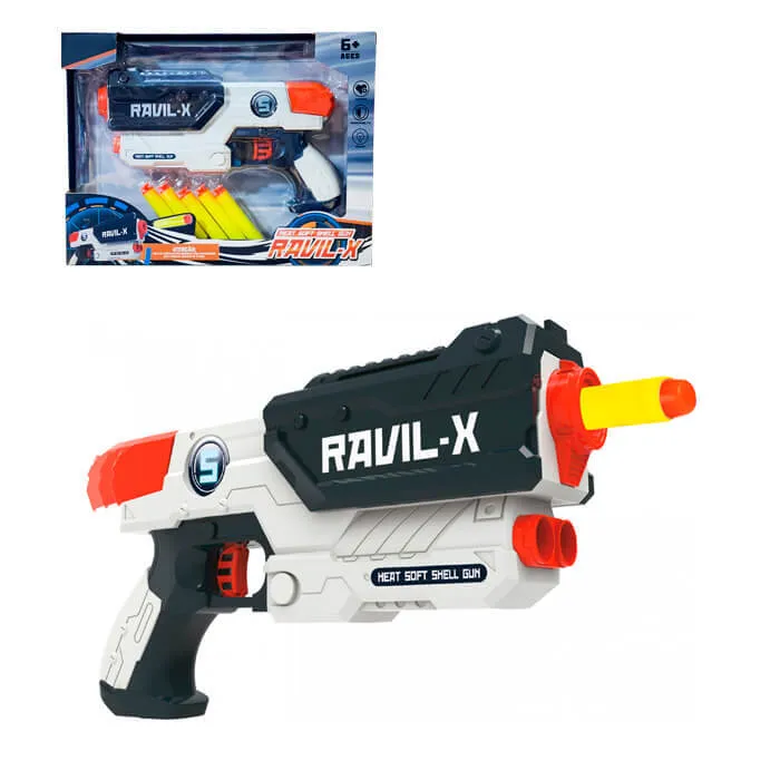 

Бластер Ravil-X с 5 полимерными пулями на присосках, цвет в ассортименте., Белый