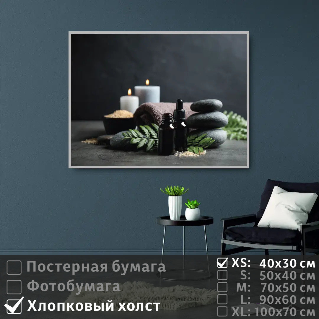 

Постер на холсте ПолиЦентр Набор со свечами для массажа в спа салон 40х30 см, НаборСоСвечамиДляМассажаВСпаСалон