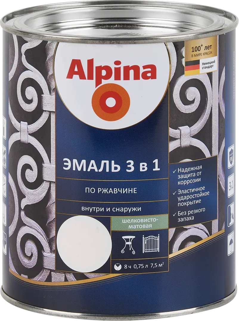 

Эмаль по ржавчине 3 в 1 Alpina цвет белый 0.75 л