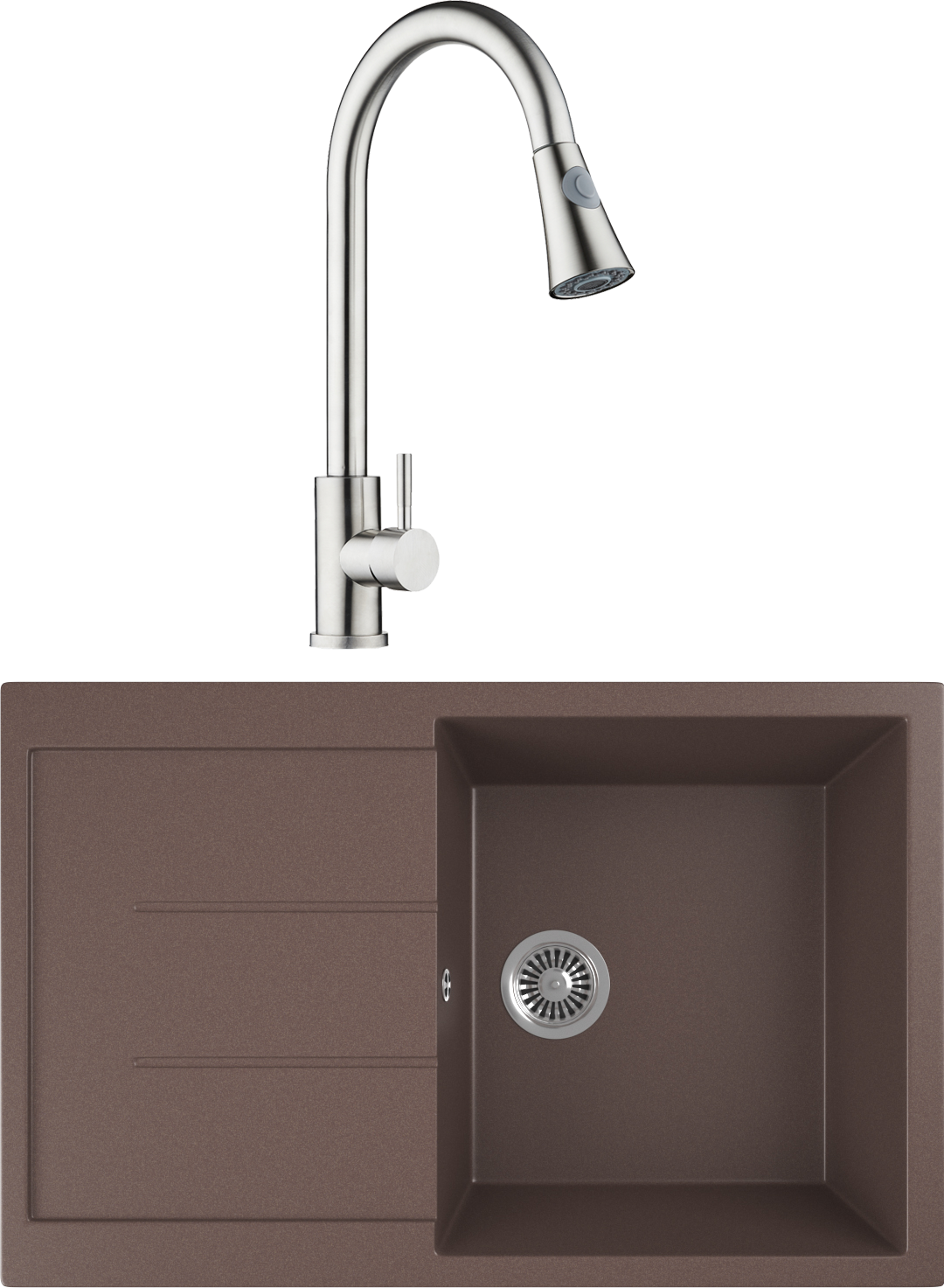 

Комплект Мойка кухонная Domaci Бьелла DMC-25-345 шоколад + Смеситель для кухни Domaci Рав