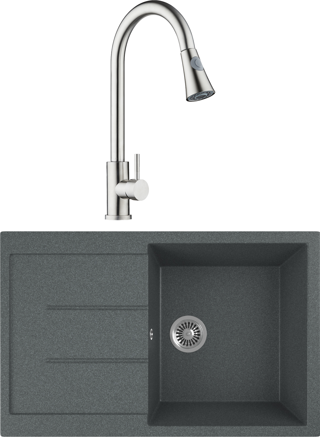 

Комплект Мойка кухонная Domaci Бьелла DMC-25-343 антрацит + Смеситель для кухни Domaci Ра