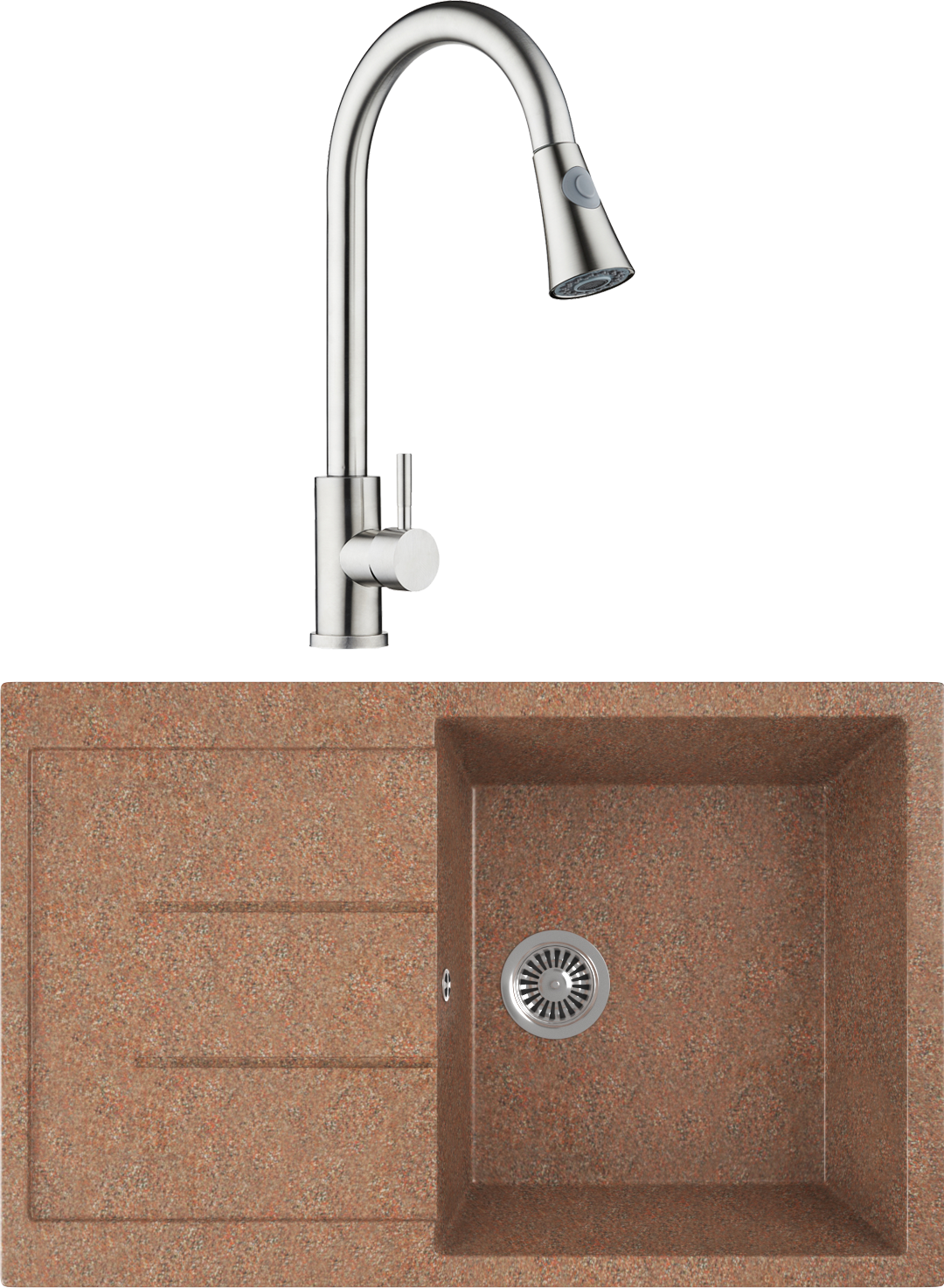 

Комплект Мойка кухонная Domaci Бьелла DMC-25-307 терракот + Смеситель для кухни Domaci Ра