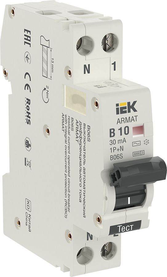 

ARMAT Автоматический выключатель дифференциального тока B06S 1P+NP B10 30мА тип AC (18мм)