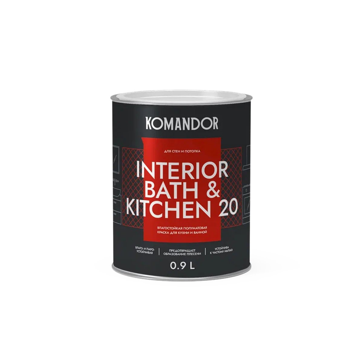 Краска интерьерная влагостойкая Komandor Interior Bath&Kitchen 20 полумат. база А 0,9л