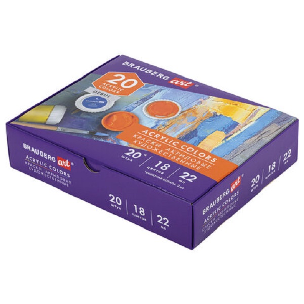 

Акриловые краски Brauberg Art Debut художественные, 20 штук, 18 цветов по 22 мл в банках, Разноцветный, 154
