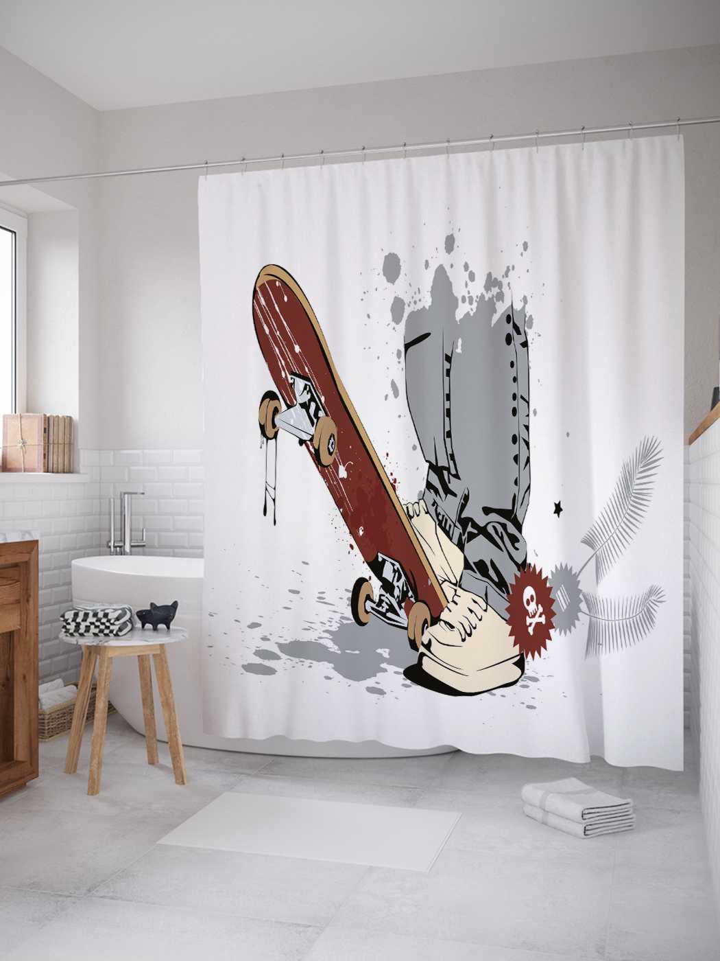 фото Штора для ванной joyarty "скейтборд и кеды" из сатена, 180х200 см с крючками