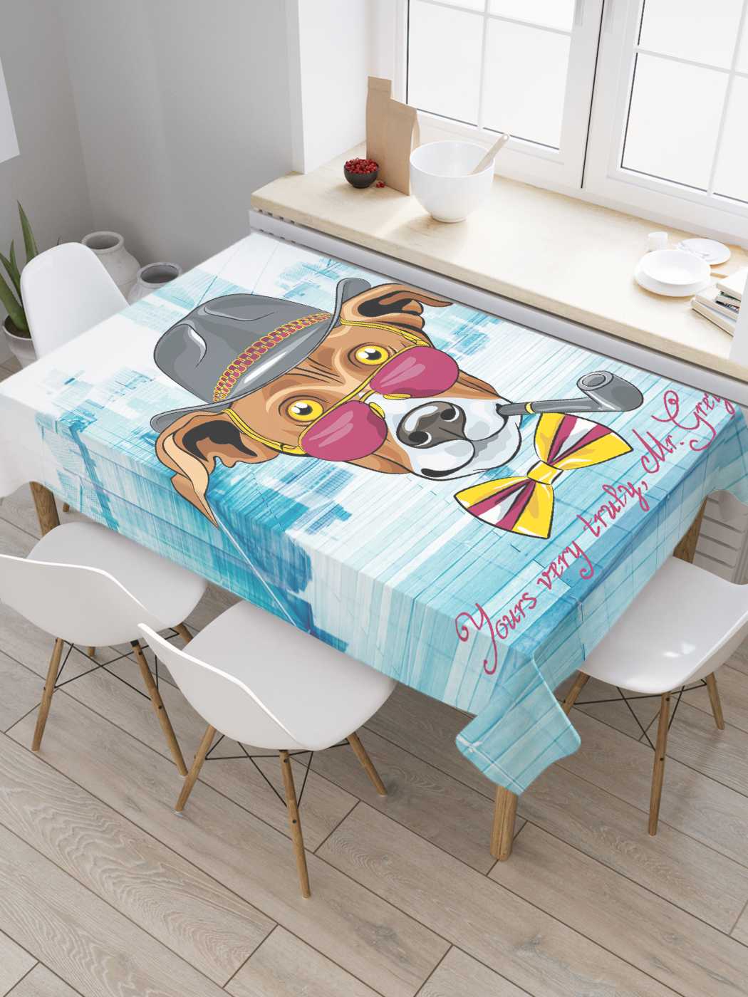 

Скатерть прямоугольная JoyArty "Пес с люлькой" из оксфорда, 120x145 см, Голубой, Пес с люлькой