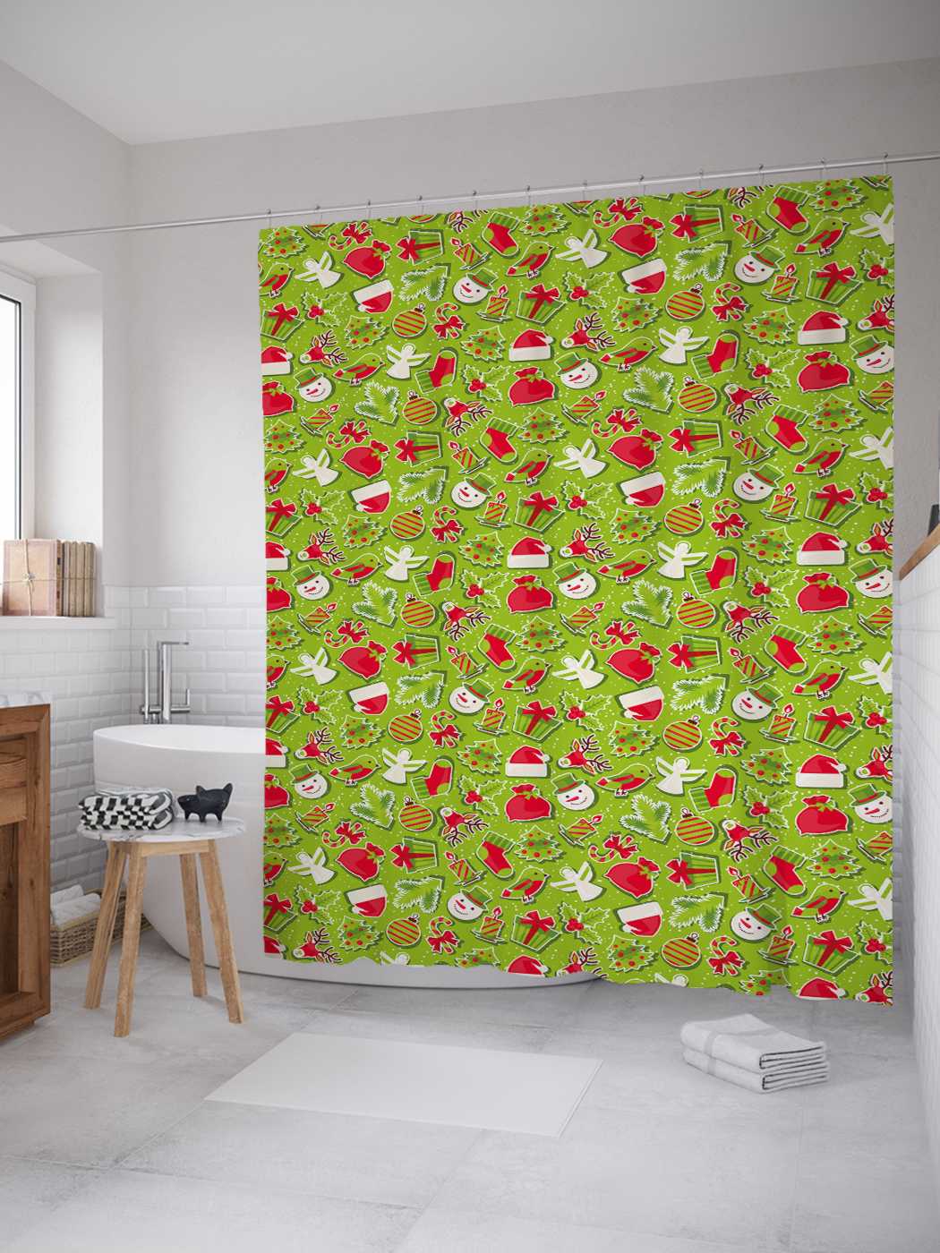 

Штора для ванной JoyArty "Атрибутика Рождества" из сатена, 180х200 см с крючками, Зеленый