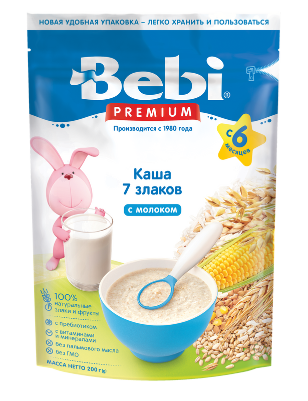 Каша Bebi Premium молочная, 7 злаков, с 6 месяцев, zip-пакет, 200 г