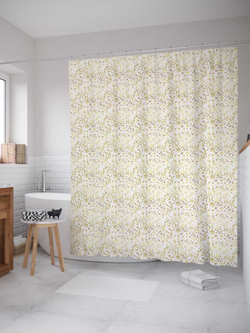 

Штора для ванной JoyArty "Мелкий цветочный орнамент" из сатена, 180х200 см с крючками, Золотистый