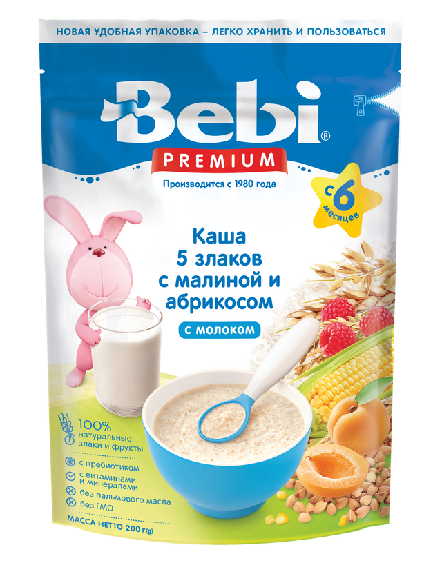 фото Молочная каша bebi premium 5 злаков с малиной и абрикосом с 6 мес. 200 гр. 1020093