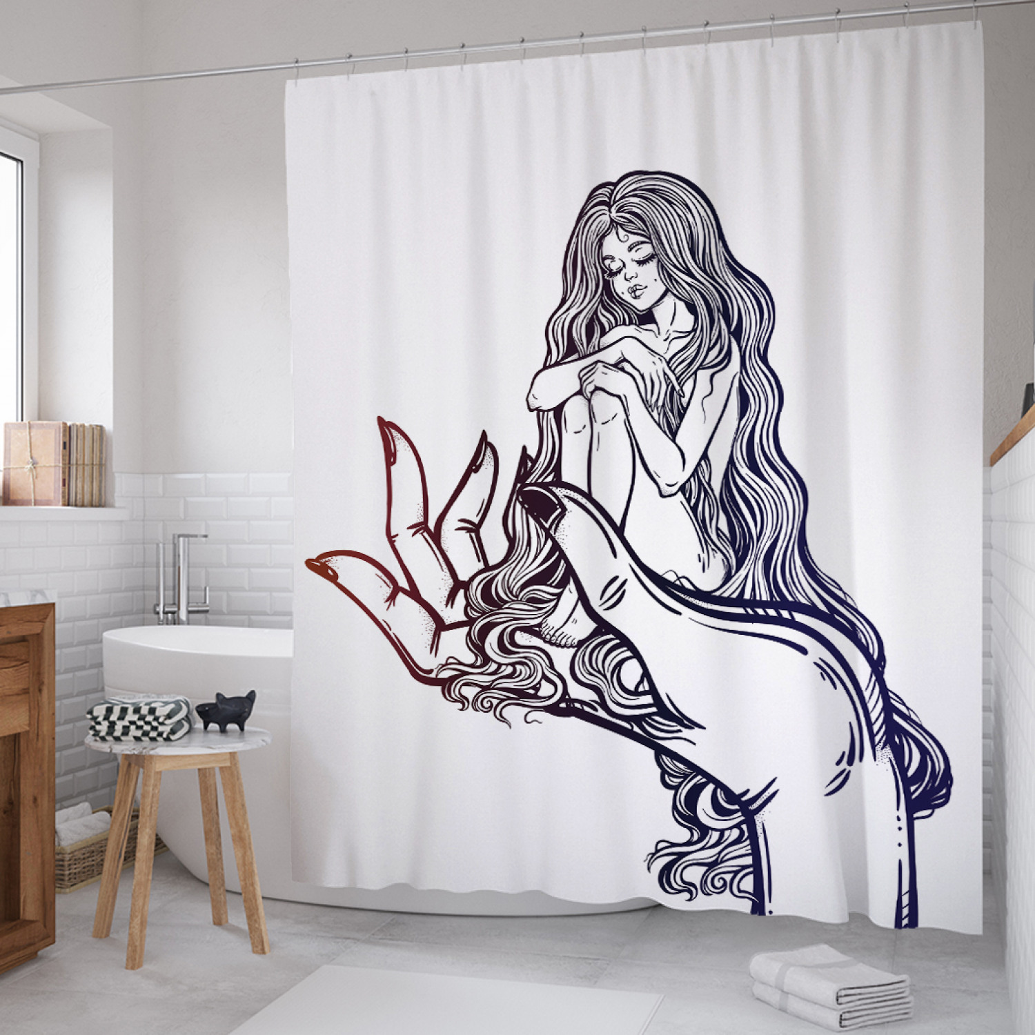 

Штора для ванной JoyArty "Девушка на ладони" из сатена, 180х200 см с крючками, Белый, Девушка на ладони