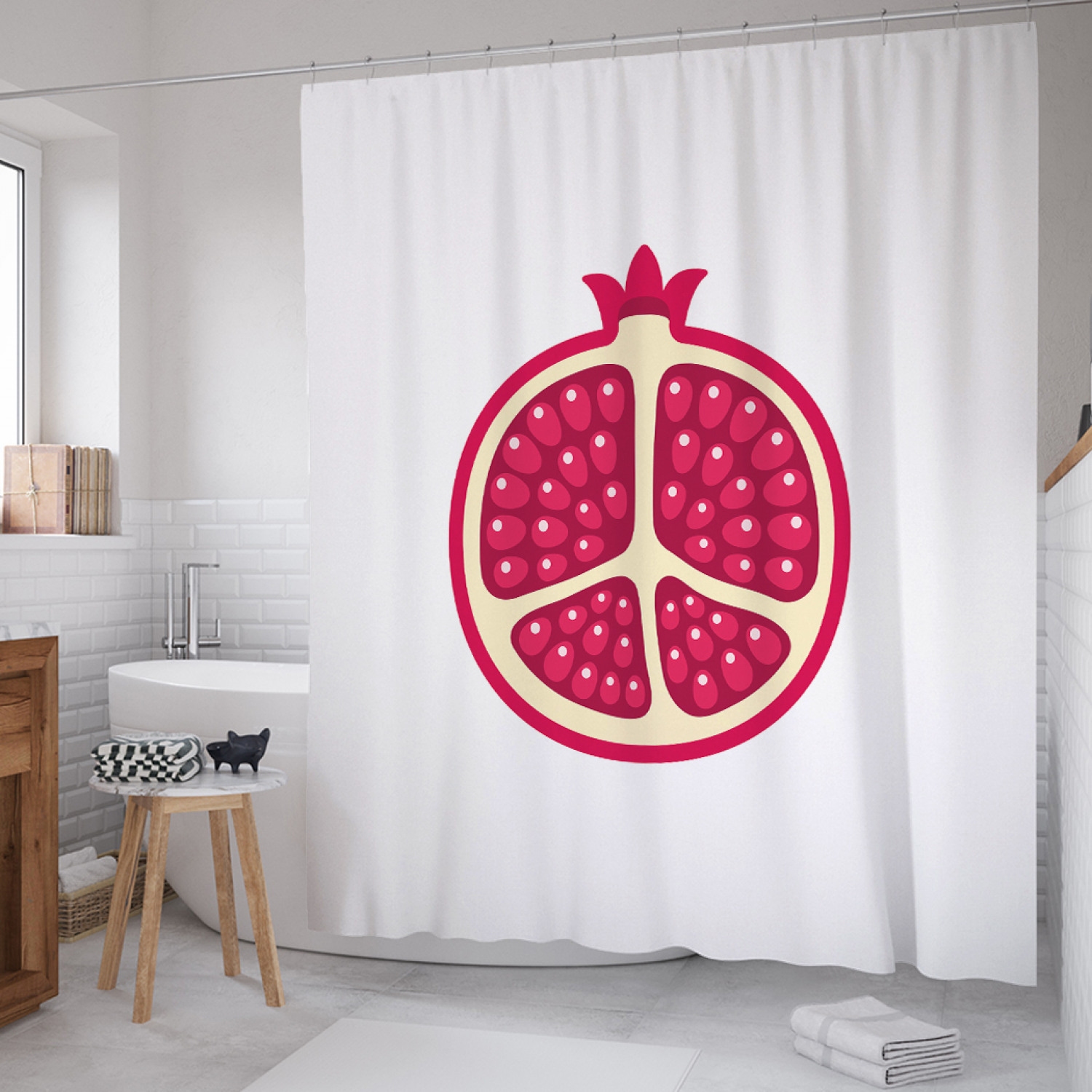 

Штора для ванной JoyArty "Половинка граната" из сатена, 180х200 см с крючками, Белый, Половинка граната