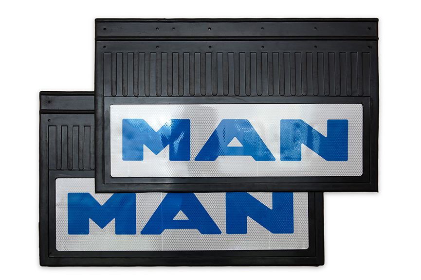 

Комплект брызговиков MAN задние светоотражающие (Синяя надпись) резина