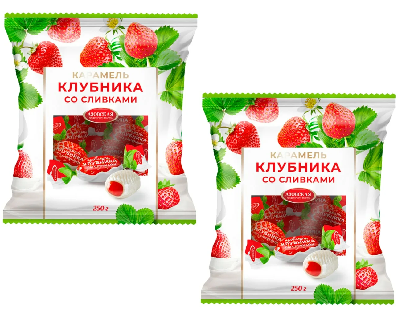 Карамель Азовская КФ с фруктовой начинкой, клубника и сливки, 250 г х 2 шт