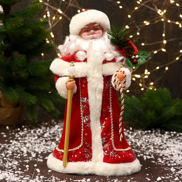фото Новогодняя фигурка зимнее волшебство дед мороз красная шуба с посохом р00012810 1 шт.