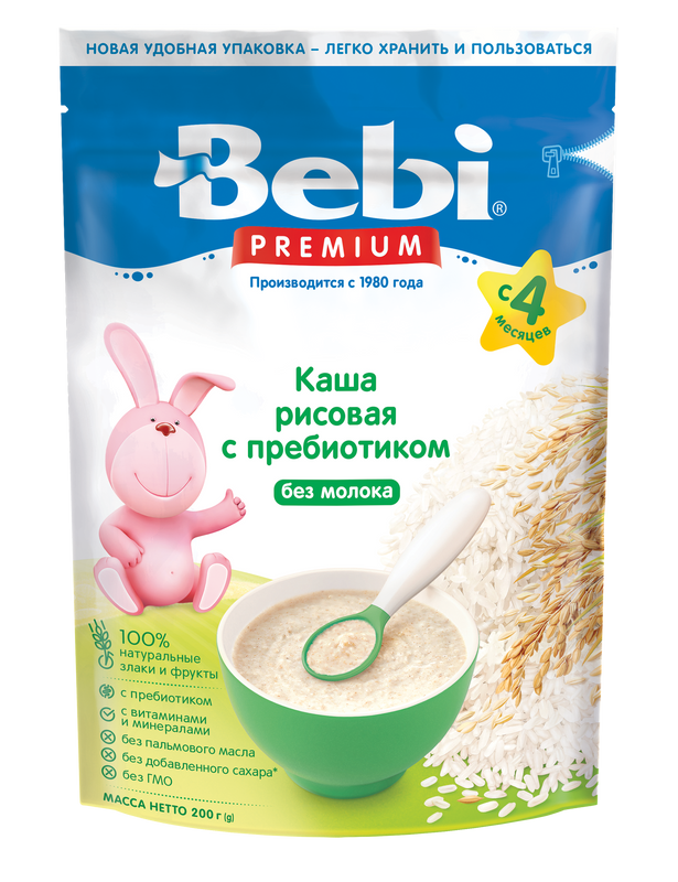 Каша Bebi Premium безмолочная, рисовая, с пребиотиком, с 4 месяцев, zip-пакет, 200 г