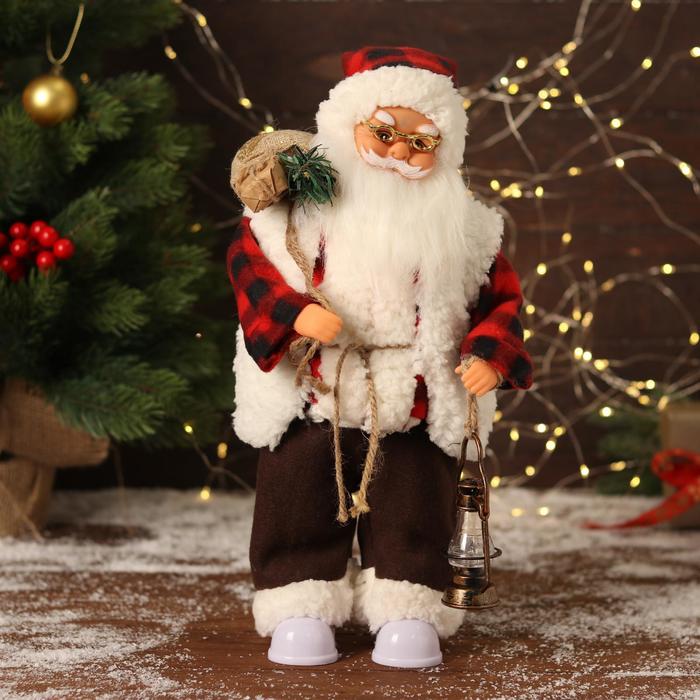 фото Дед мороз "в клетчатом тулупе, с фонариком" двигается, ботинки светятся, 17х35 см зимнее волшебство