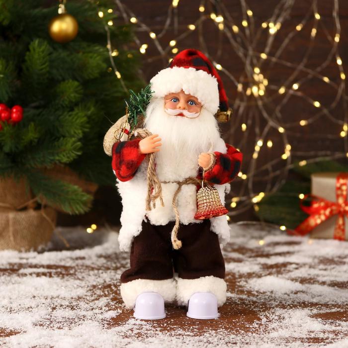 фото Дед мороз "в клетчатом тулупе, с колокольчиком" двигается, ботинки светятся, 13х28 см зимнее волшебство