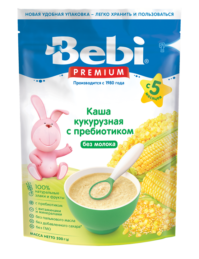 фото Каша безмолочная bebi premium кукурузная c пребиотиком с 5 мес. 200 гр 1020103