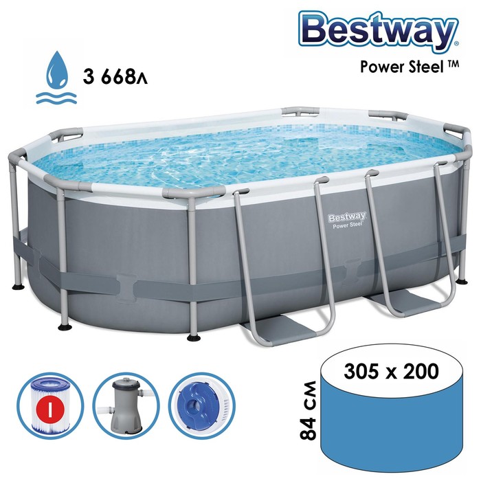 

Бассейн каркасный, 305 x 200 x 84 см, фильтр-насос, диспенсер, 5614А Bestway
