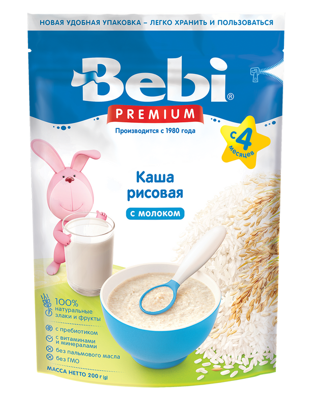 Каша Bebi Premium молочная, рисовая, с 6 месяцев, zip-пакет, 200 г