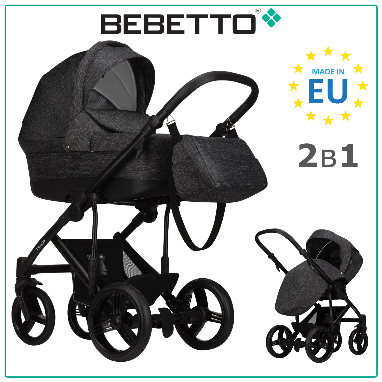 Коляска детская Bebetto 2 в 1 Tiger LUX 06, черный, рама черная, 0+