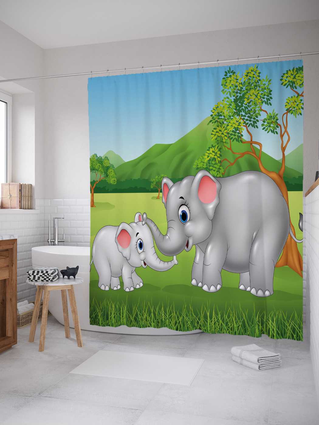 

Штора для ванной JoyArty "Слон и слоненок" из сатена, 180х200 см с крючками, Зеленый