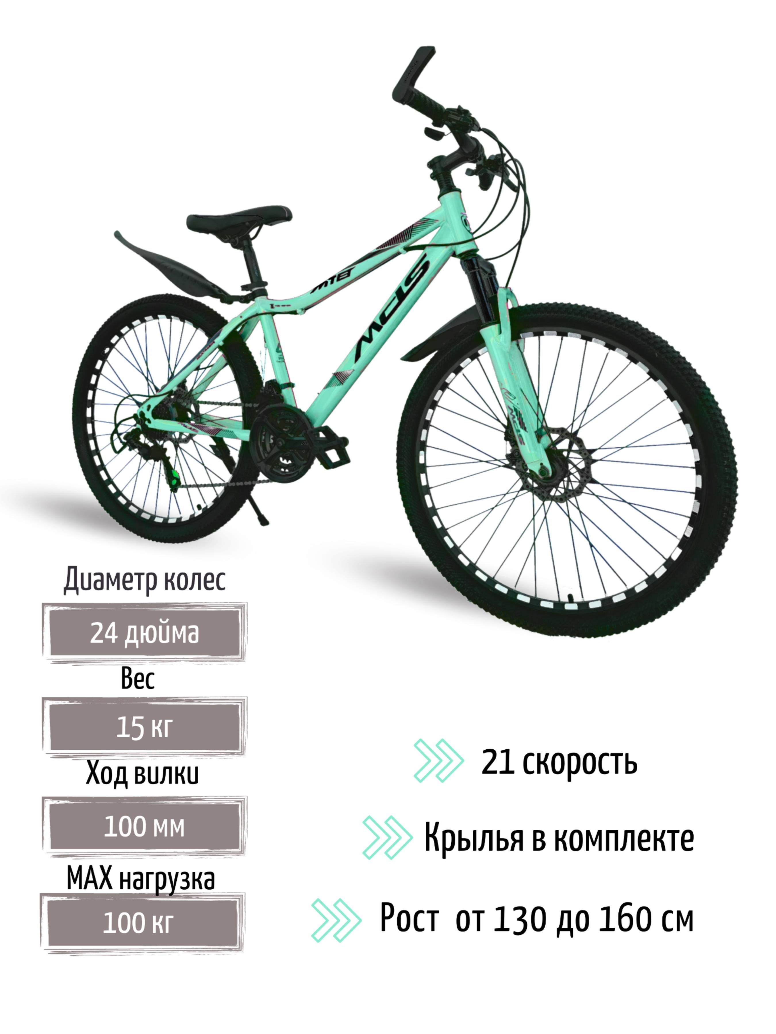 Велосипед горный MONOSHI MDS24 бирюзовый 2022, 130-160