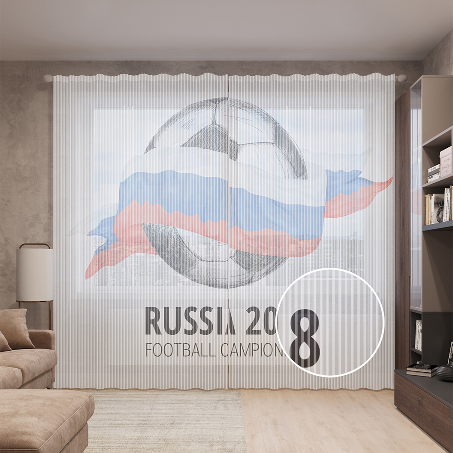 фото Тюль вуаль на шторной ленте с принтом joyarty "футбольный чемпионат 2018", 310х265 см