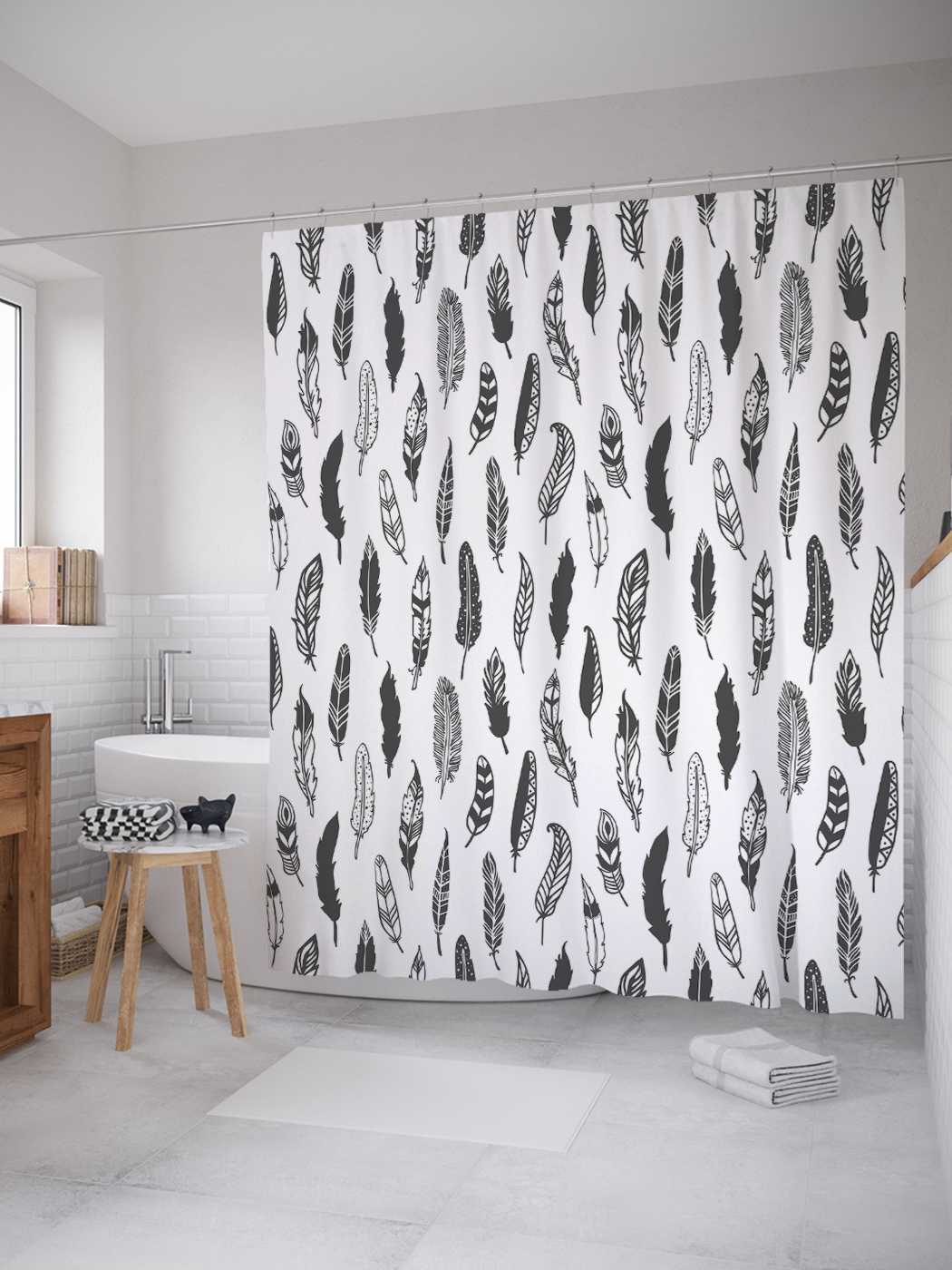 

Штора для ванной JoyArty "Монохромные перышки" из сатена, 180х200 см с крючками, Белый