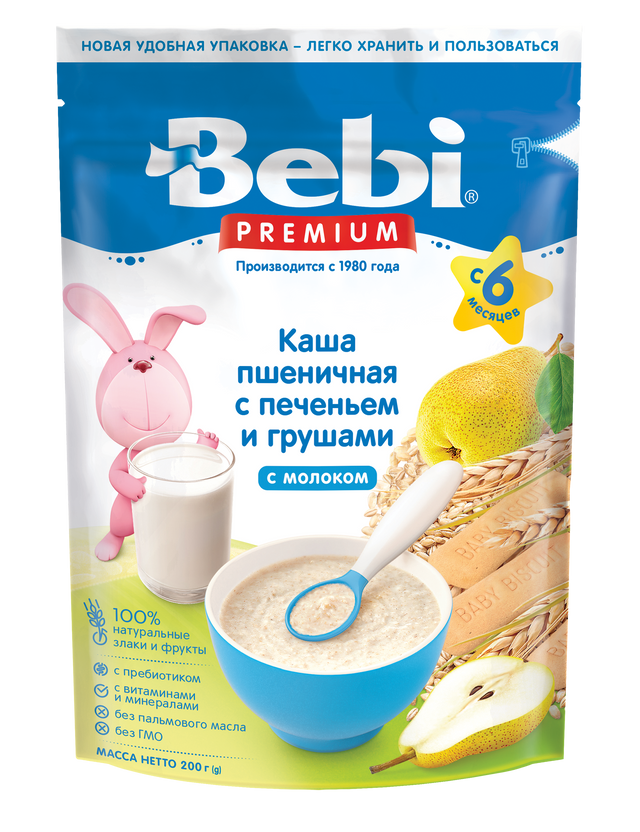 фото Каша молочная bebi premium пшеничная с печеньем и грушами с 6 мес. 200 гр 1020080