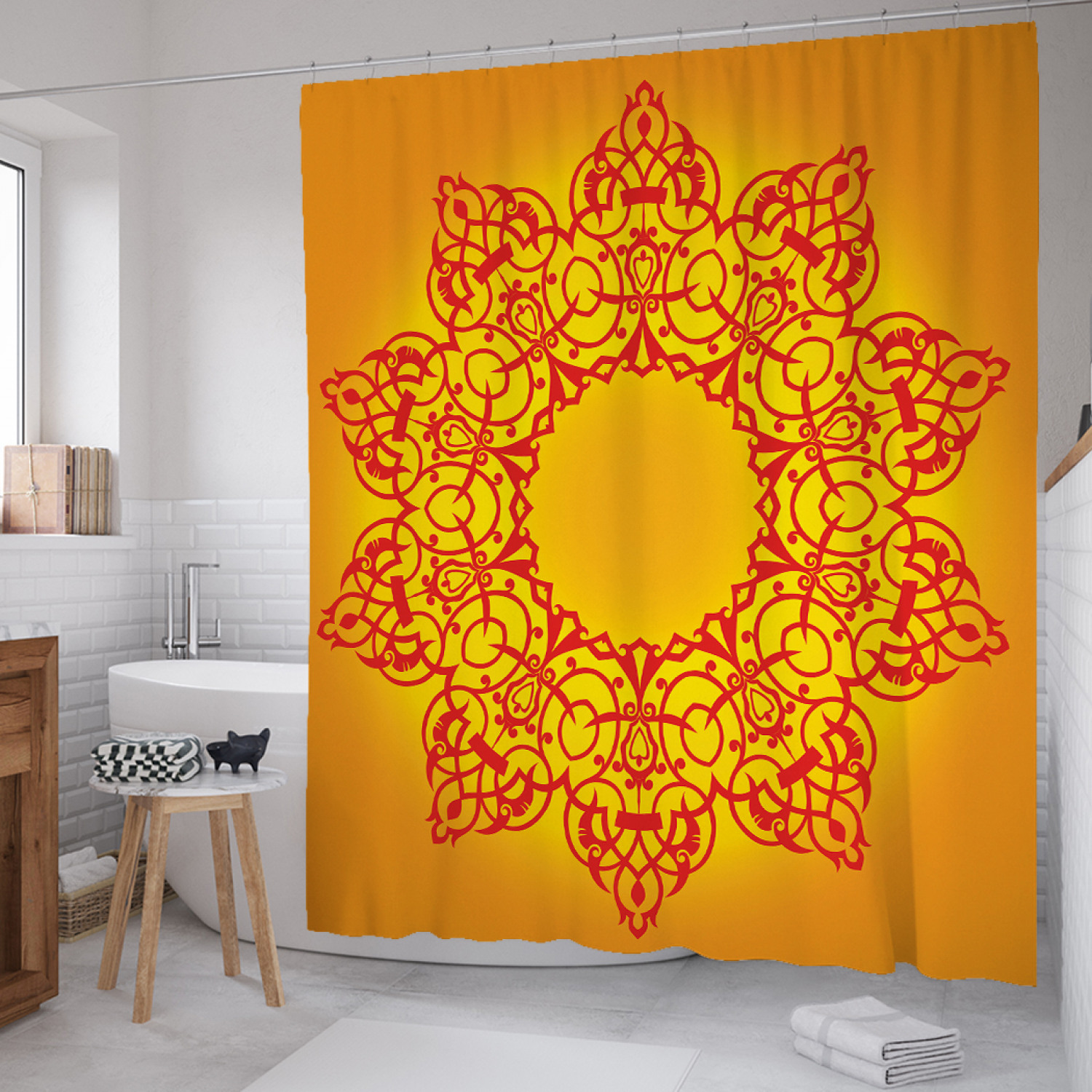 

Штора для ванной JoyArty "Ажурный диск" из сатена, 180х200 см с крючками, Желтый, Ажурный диск