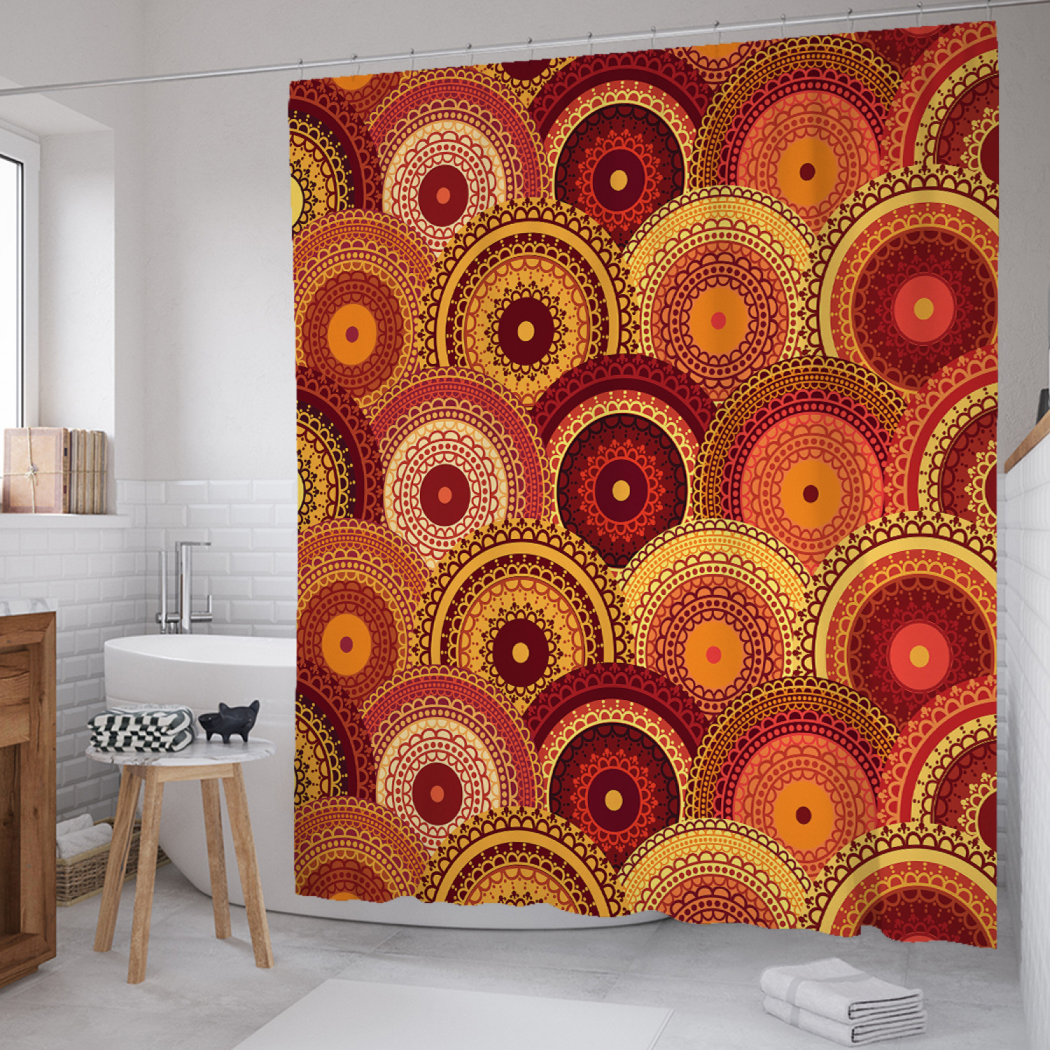 

Штора для ванной JoyArty "Этнические диски" из сатена, 180х200 см с крючками, Оранжевый, Этнические диски