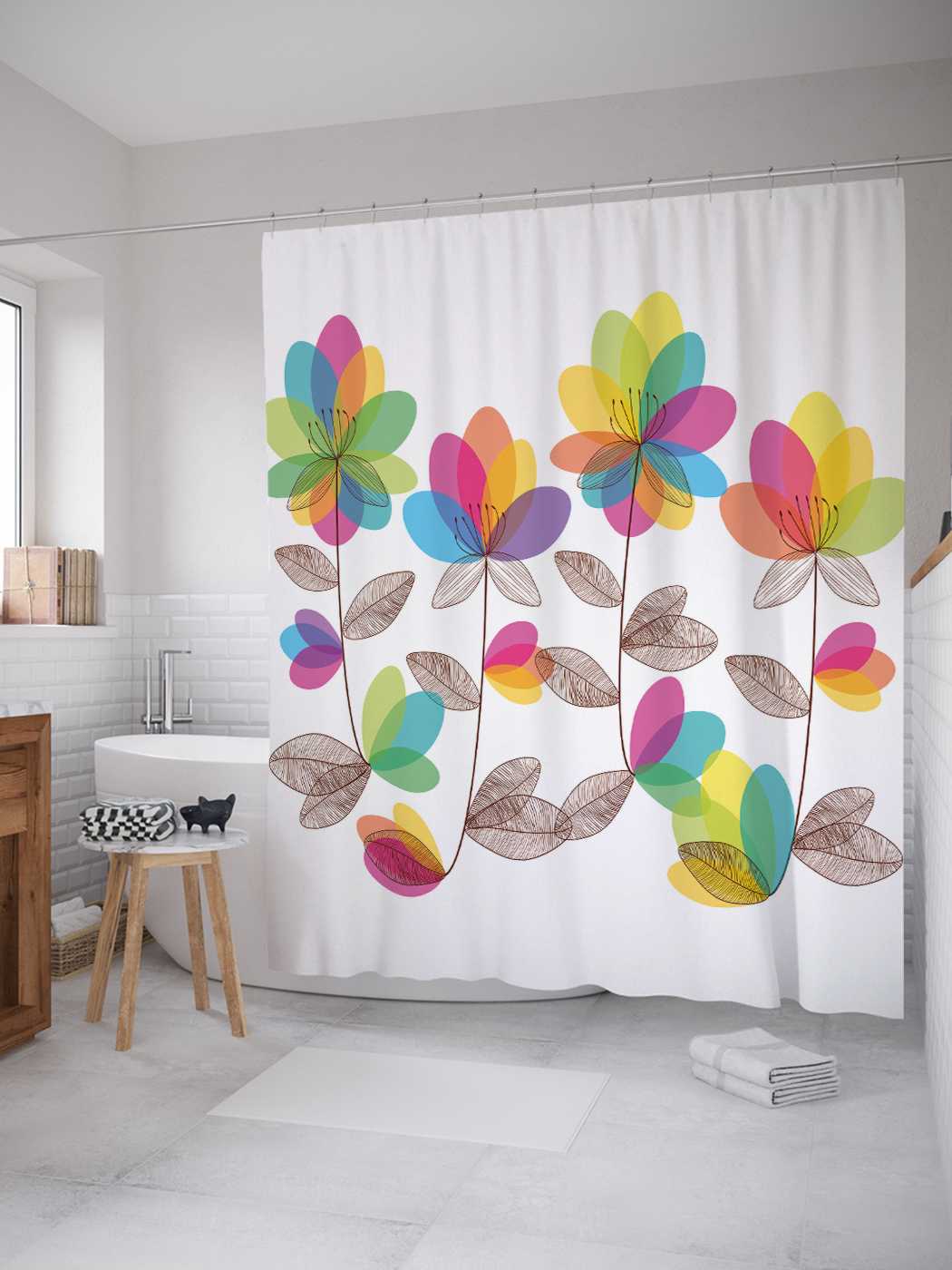 

Штора для ванной JoyArty "Поляна семицветов" из сатена, 180х200 см с крючками, Белый