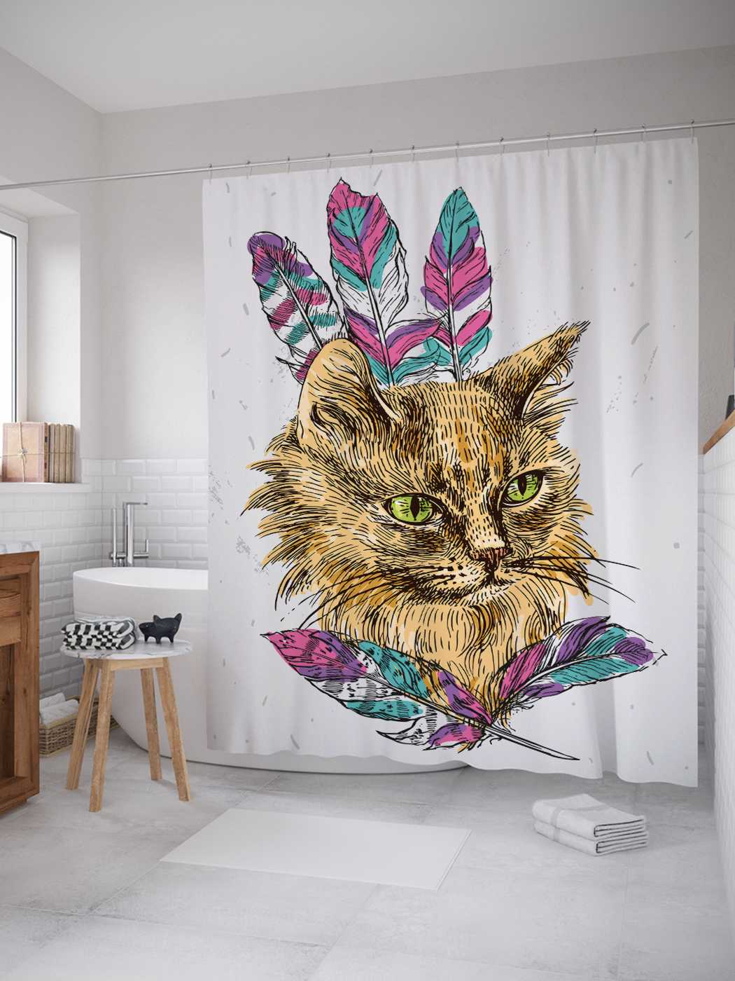 фото Штора для ванной joyarty "кот с перьями" из сатена, 180х200 см с крючками
