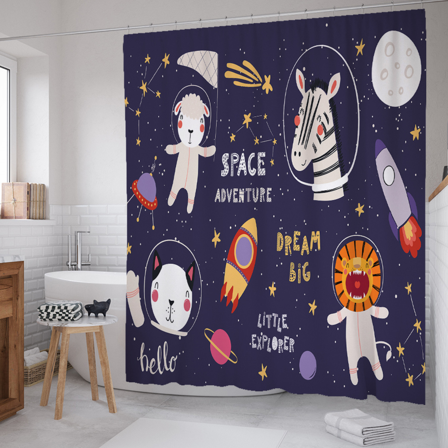 

Штора для ванной JoyArty "Космические мечты" из сатена, 180х200 см с крючками, Синий, Космические мечты